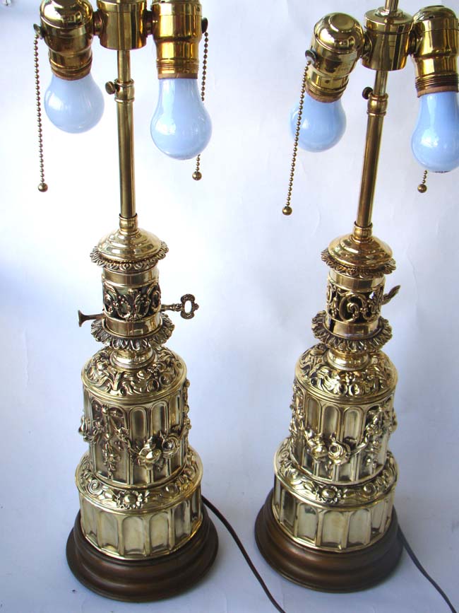 A beautiful pair of 19th century French brass repousse fluid lamps circa 1875, now electrified